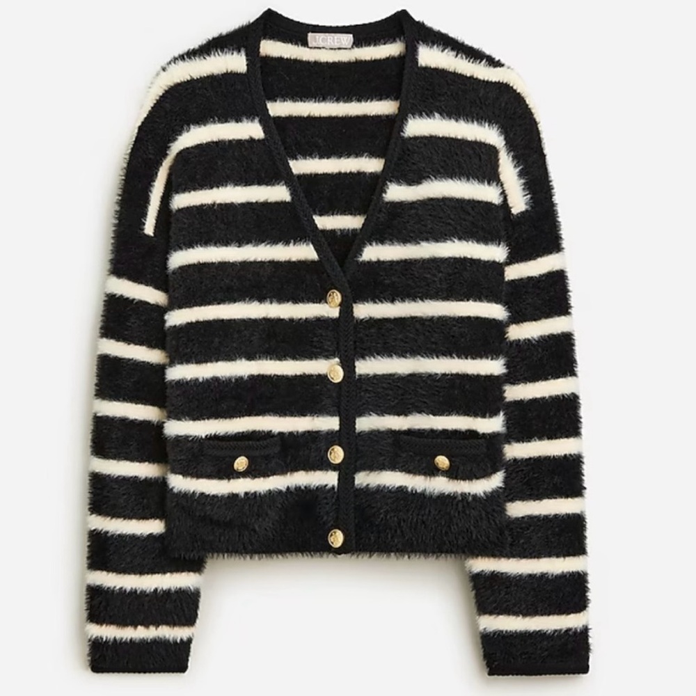 J. Crew Black and Cream Striped Wool Cardigan